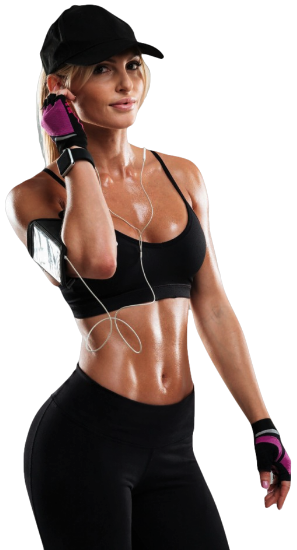 Trainer posing while putting headphone in her ear